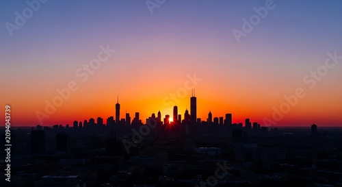 Cityscape silhouette at sunset with vibrant orange sky