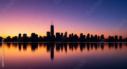 Cityscape silhouette reflection during vibrant purple and orange sunset