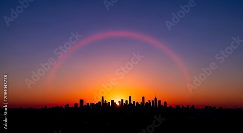 Cityscape silhouette with sunset rainbow arc and skyscrapers