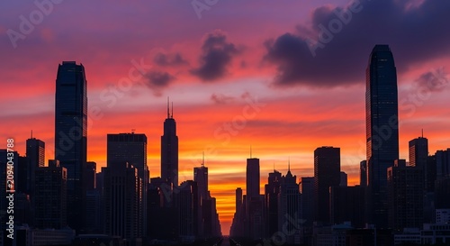 Cityscape silhouetted against vibrant sunset clouds at dusk