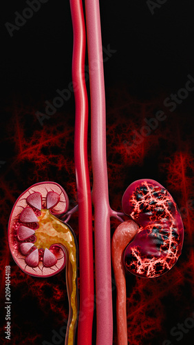 Chronic kidney disease associated with unhealthy dietary habits illustrating renal inflammation, impaired filtration, and metabolic overload from processed food consumption. 3D Rendering