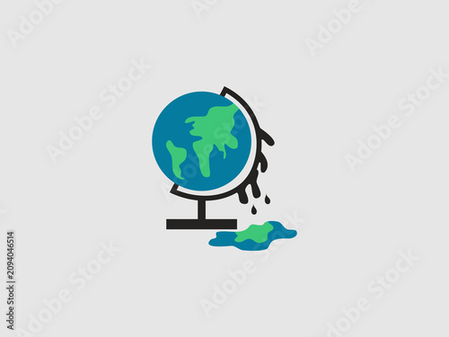 A simple flat illustration of a classroom desk globe melting away onto the floor, symbolizing the severe impacts of global warming and climate change