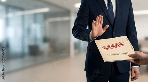 Business ethics and compliance training concept featuring professional rejecting classified confidential corporate documents