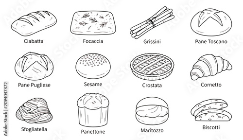 Bild auf Leinwand Italian Bakery Bread Icons, Set of 12 Line Art Pastry Illustrations, Traditional