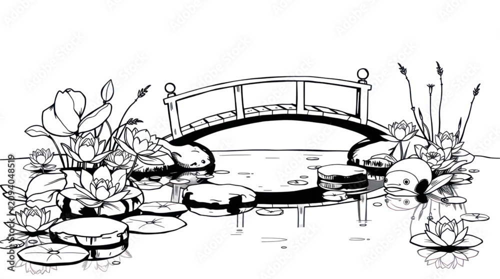 Fototapeta premium Lotus Flowers in a Tranquil Dark Pond with an Elegant Arched Bridge Illustration