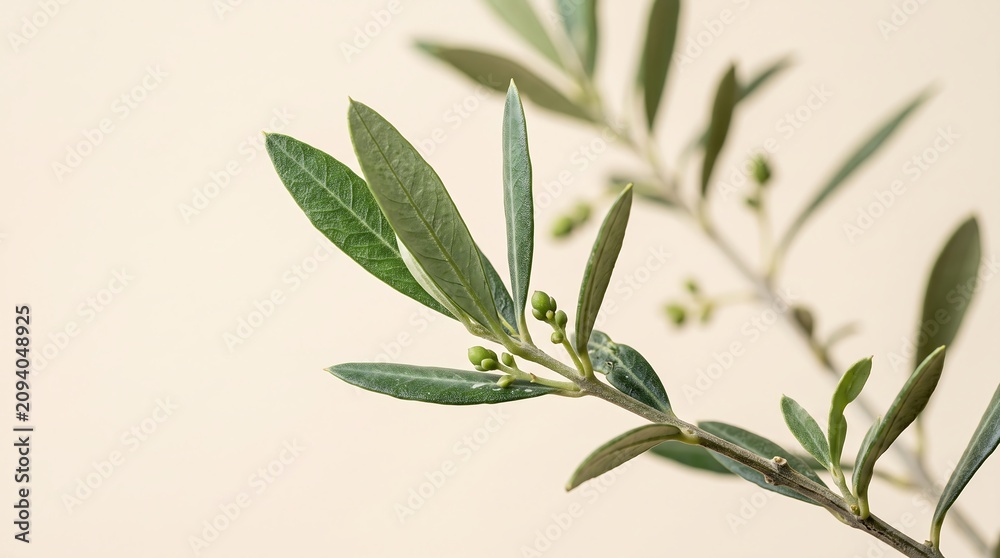Fototapeta premium Close up of fresh green olive tree branches with small buds on a minimalist beige background for organic nature aesthetics