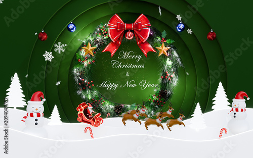 Red Christmas greeting background with Santa sleigh, reindeer, snowflakes, ornaments, and winter holiday elements creating a cheerful festive mood 3D Rendering