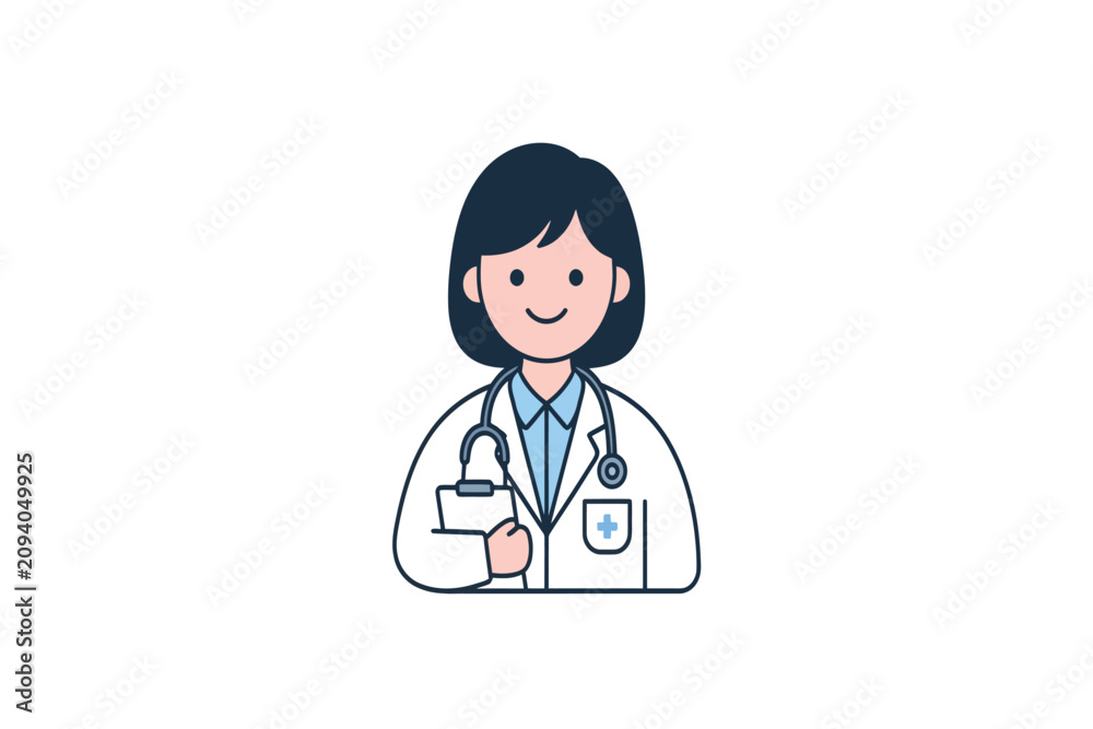 Fototapeta premium Cute female doctor smiling cartoon illustration