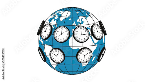 Globe with clocks representing global time zones