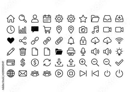 Set of universal line icons for web and mobile app interface design, minimalistic black vector symbols for business and technology