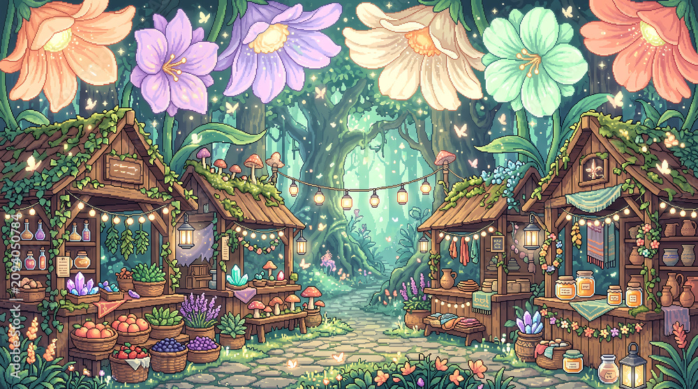 Obraz premium Enchanting pixel art forest market stalls display magical goods under giant glowing pastel spring flower blossoms