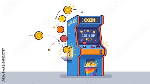 Retro Arcade Machine with Falling Coins and Rainbow Coin Slot - Vintage Gaming Fun