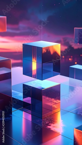 Futuristic cubes in neon cityscape sunset.