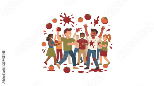 Joyful people throwing tomatoes, splattering fun, food fight celebration