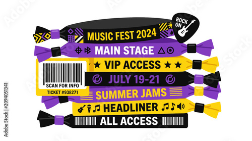 Colorful music festival wristband with VIP access text.