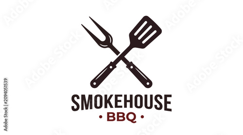 Cuadro en lienzo Smokehouse BBQ logo with crossed spatula and fork.