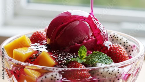 Delicious dragon fruit sorbet or ice cream topped with fresh mango, strawberries, and chia seeds, with syrup being poured over.
