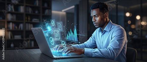 Focused young man working on a laptop at night analyzing data with digital graphics and charts representing technology business and modern work environments.