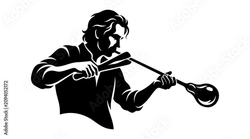 Принти на полотні Glassblower Artisan Crafting Molten Glass with Blowpipe Silhouette