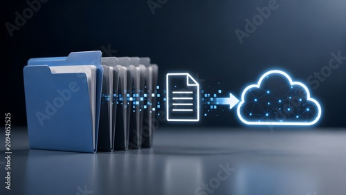 Tapety artystyczne Digital document digitization network transferring file data from physical folders to secure cloud computing infrastructure server