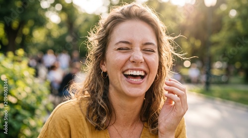 Joyful young woman laughing sincerely in a sunny park during golden hour