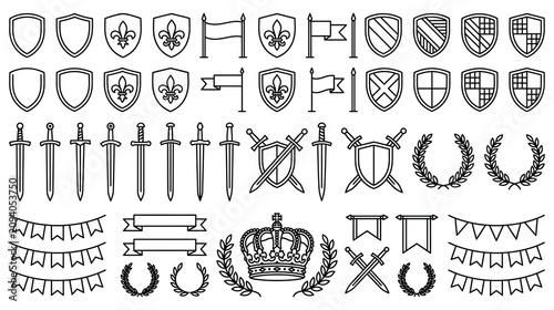 Tableau sur toile Medieval heraldry emblems, shields, swords, flags, banners, wreaths, and crown set