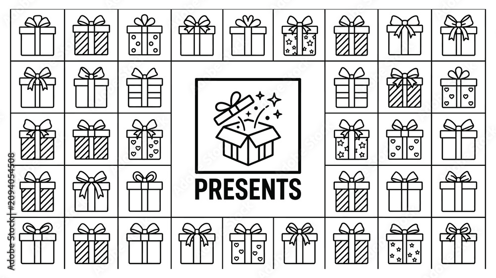 Fototapeta premium Gift boxes with ribbons and bows set, present package line icons collection.