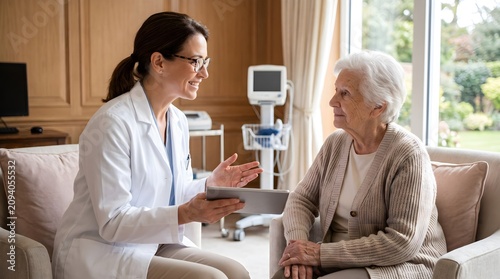 Female Physician Speaking with Elderly Patient During Medical Consultation in Modern Clinic