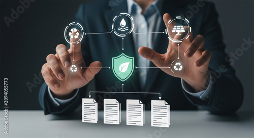 ESG compliance concept, businessman managing green energy and sustainability data icons