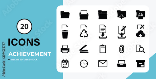 Set of twenty editable black line icons for business and productivity on white background