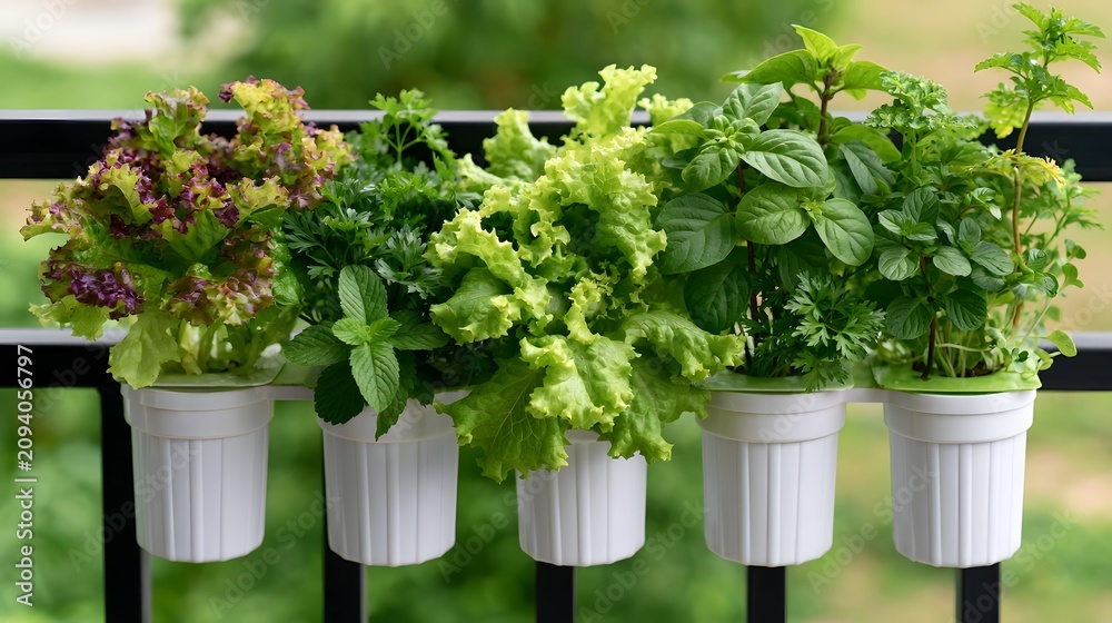 Fototapeta premium Fresh green leafy vegetables and aromatic herbs thriving in white hanging pots on a black metal railing