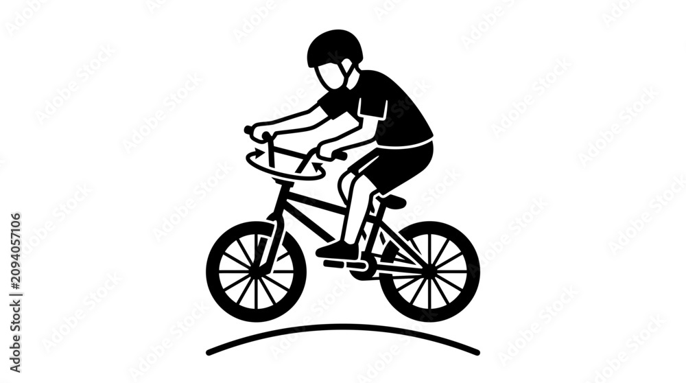 Fototapeta premium Silhouette of a boy riding a BMX bike, black and white vector illustration