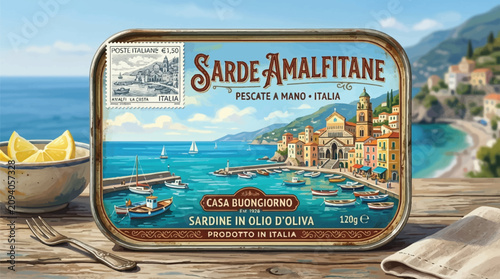 Vintage sardine tin label illustration. Canned seafood branding design. Food packaging artwork