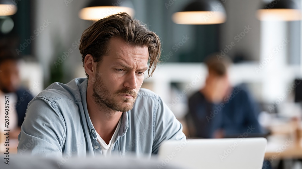 Fototapeta premium Frustrated man concentrating intensely on a laptop screen in a modern office environment, feeling stressed