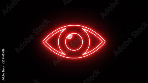 Red Neon Eye Glowing Icon with Glitch Effect on Black Background for Halloween and Horror Digital Art Projects
