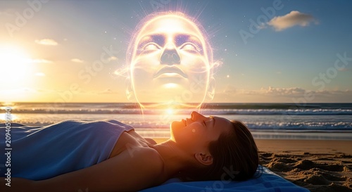 Woman lying on beach with glowing holographic face overlay.