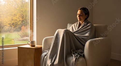 Woman wrapped in cozy blanket sitting in armchair.