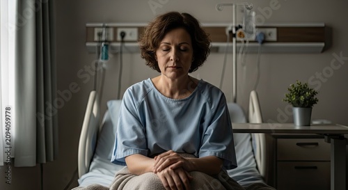 Middle aged woman in hospital gown sitting on bed.