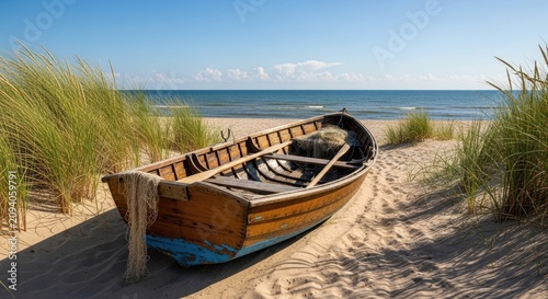 Old wooden fishing boat on sandy dunes beach.