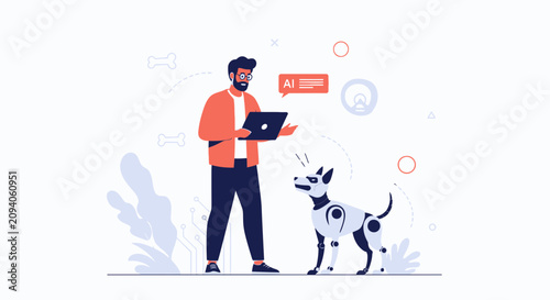 Man Interacting with Robotic Dog, Artificial Intelligence Concept Illustration