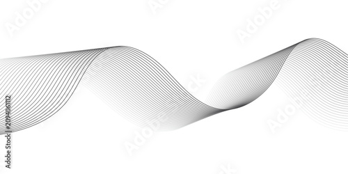 Abstract flowing gray and black wave lines creating dynamic geometric soundwave curves with minimalist technology line art for modern digital frequency banner design.