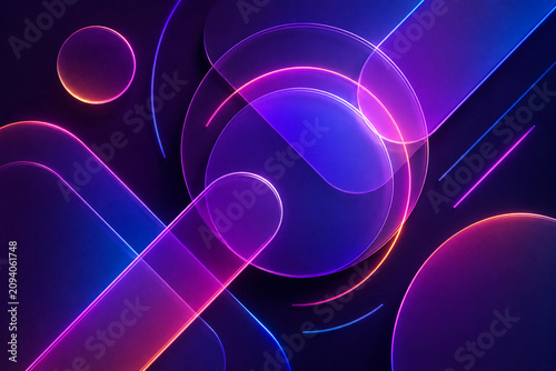 Abstract neon glowing shapes and vibrant light waves on a dark background, futuristic technology and energy concept