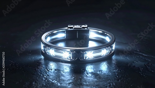 Glowing LED illuminated silver ring closeup.