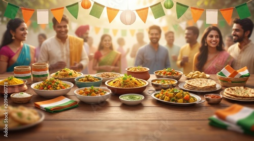 Abundant Indian Food Spread for India's Independence Day Celebration with Festive Bunting and Gathering
