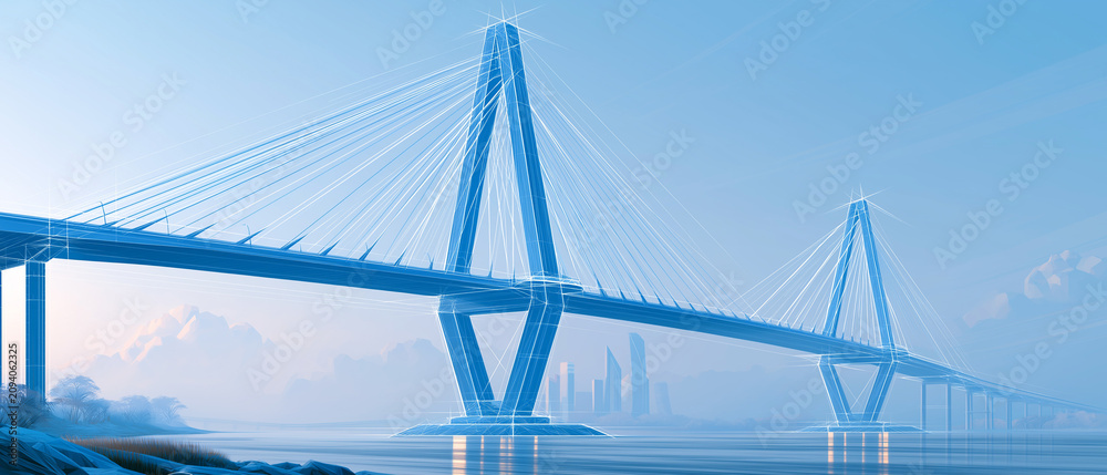 Fototapeta premium Modern Cable-Stayed Bridge at Dawn: A striking blue-toned cable-stayed bridge spans a calm body of water, with subtle hints of distant mountains and cityscape under a soft, ethereal dawn sky.