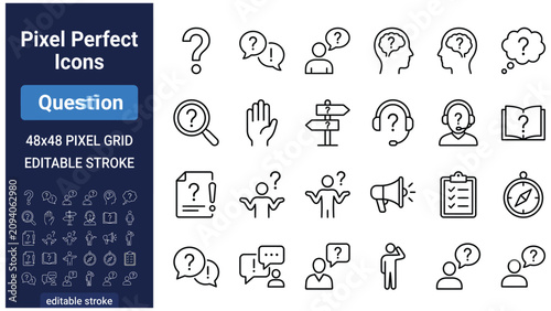 Photos Help, ask question line icon set