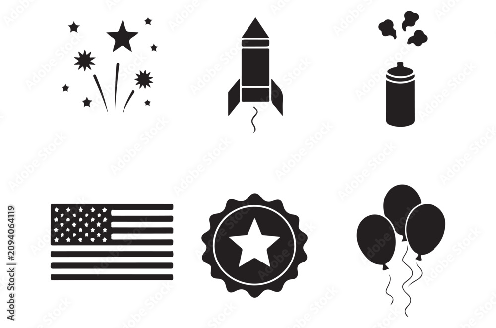 Naklejka premium Celebration Icons Fireworks Rocket Spray Can Flag Badge And Balloons Silhouette