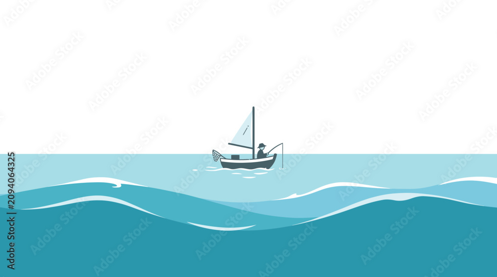 Naklejka premium Solo fisherman on sailboat at sea, calm ocean waves, minimalist illustration