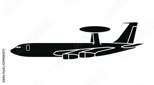 Silhouette of AWACS aircraft, airborne early warning and control system, side view, black and white