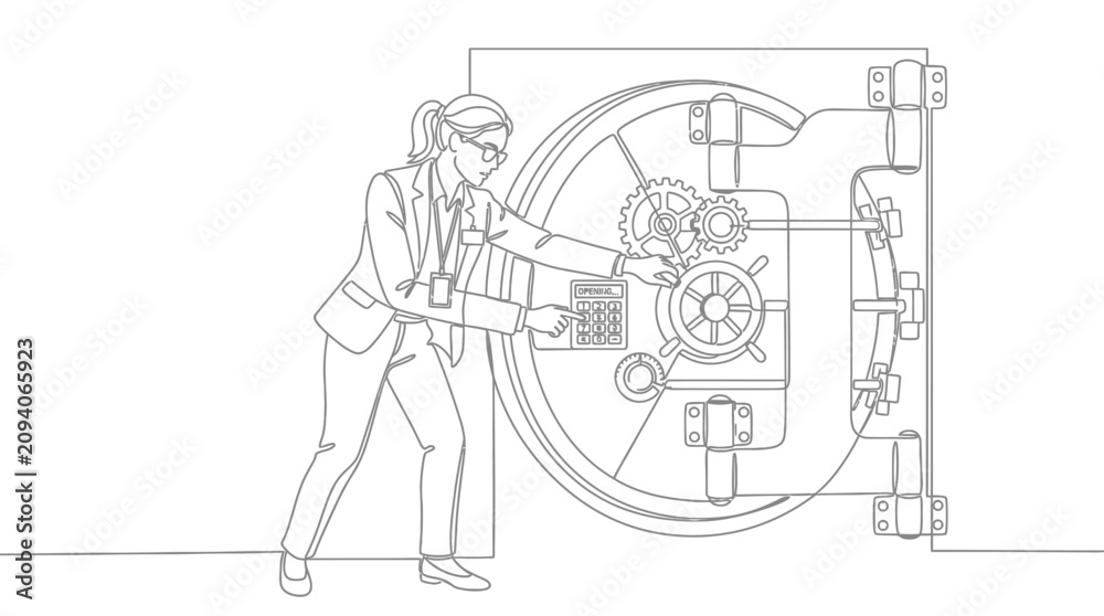 Obraz premium Businesswoman opening vault with gears and keypad, financial security concept